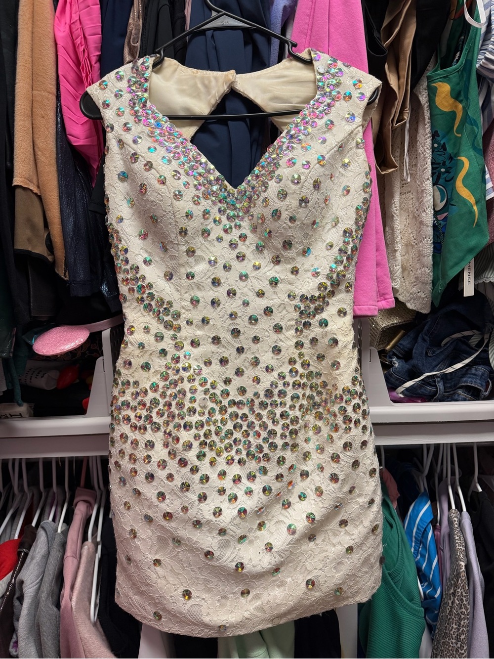 Incredible Embellished Ivory Sheath Dress with Iridescent Gems